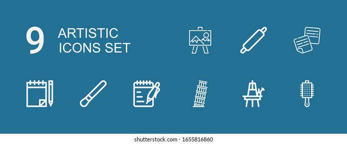 Editable 9 artistic icons for web and mobile. Set of artistic included icons line Brush, Easel, Pisa, Notes, Note, Rolling pin, Canvas on blue background