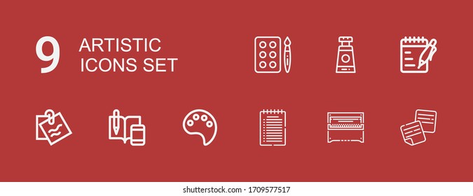Editable 9 artistic icons for web and mobile. Set of artistic included icons line Notes, Piano, Note, Paint palette, Paint tube, Watercolor on red background