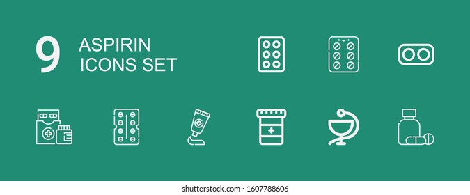 Editable 9 aspirin icons for web and mobile. Set of aspirin included icons line Medicine, Antibiotic, Medicines, Drugs, Contraceptive pills, Drug on green background