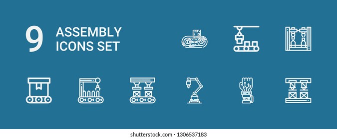 Editable 9 assembly icons for web and mobile. Set of assembly included icons line Robot arm, Mechanical arm, Industrial robot, Conveyor on blue background