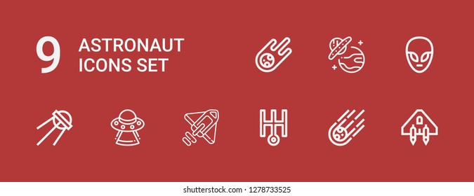 Editable 9 astronaut icons for web and mobile. Set of astronaut included icons line Spaceship, Meteorite, Uranus, Rocket, Ufo, Sputnik, Alien on red background