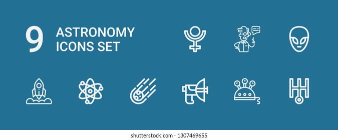 Editable 9 astronomy icons for web and mobile. Set of astronomy included icons line Uranus, Science, Parabolic, Meteorite, Solar system, Rocket, Alien, Scientist on blue background