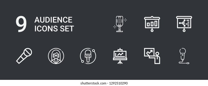 Editable 9 audience icons for web and mobile. Set of audience included icons line Microphone, Presentation, Customer on dark background