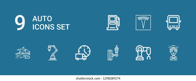 Editable 9 auto icons for web and mobile. Set of auto included icons line Artificial intelligence, Robot arm, Suspension, Delivery truck, Industrial robot, Trunk on blue background
