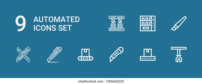 Editable 9 automated icons for web and mobile. Set of automated included icons line Robotic arm, Conveyor, Cutter, Vending machine, Robot arm on blue background