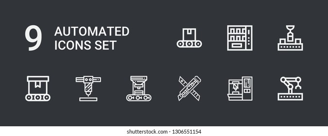Editable 9 automated icons for web and mobile. Set of automated included icons line Robotic arm, Robot arm, Cutter, Conveyor, Vending machine on dark background