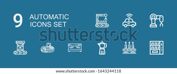 Editable 9\
automatic icons for web and mobile. Set of automatic included icons\
line Vending machine, Conveyor, Coffee maker, Coffee machine, Robot\
arm, Autonomous car on blue\
background