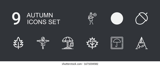 Editable 9 autumn icons for web and mobile. Set of autumn included icons line Cauldron, Umbrella, Leaf, Scarecrow, Acorn, Leaves, Lullaby on dark background