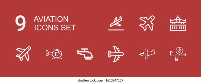 Editable 9 aviation icons for web and mobile. Set of aviation included icons line Airplane, Helicopter, Plane, Aviation, Landing on red background
