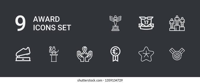 Editable 9 award icons for web and mobile. Set of award included icons line Medal, Star, Prize, Ribbon, Awards, Trophy, Winning, Ribbons on dark background