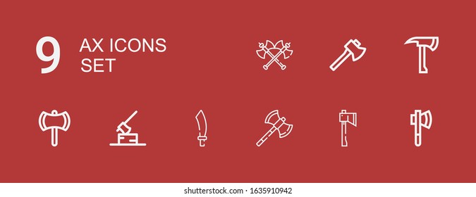 Editable 9 ax icons for web and mobile. Set of ax included icons line Axe, Axes, Sabre, Ax on red background