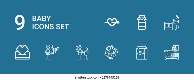 Editable 9 baby icons for web and mobile. Set of baby included icons line Baby crib, Milk, Unicorn, Neglect, Feeder, Wipes, Mother, Cupid on blue background