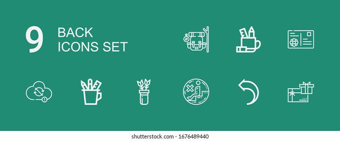 Editable 9 back icons for web and mobile. Set of back included icons line Gift card, Return, No sitting, Arrows, Pencil case, Sync, Postcard, Backpack on green background