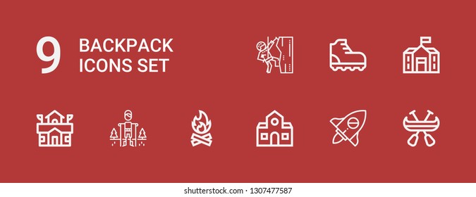 Editable 9 backpack icons for web and mobile. Set of backpack included icons line Canoe, Adventure, School, Bonfire, Hiking, Climbing on red background