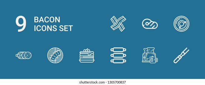 Editable 9 bacon icons for web and mobile. Set of bacon included icons line Meat, Breakfast, Ribs, Pancakes, Salami, Bacon on blue background
