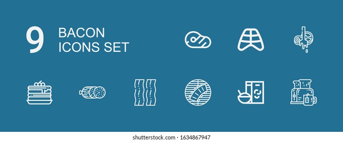 Editable 9 bacon icons for web and mobile. Set of bacon included icons line Breakfast, Ribs, Bacon, Salami, Pancakes, Butcher, Meat on blue background