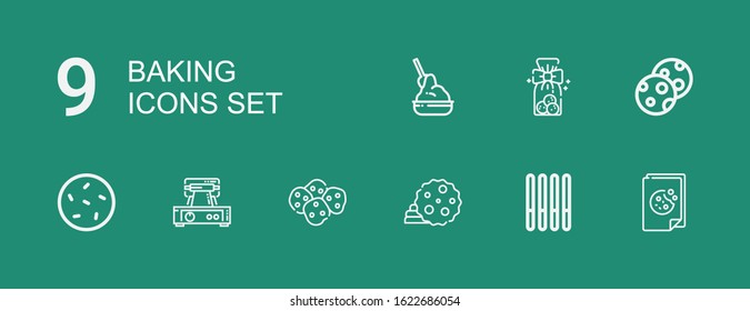 Editable 9 baking icons for web and mobile. Set of baking included icons line Cookie, Cookies, Waffle iron, Yeast on green background
