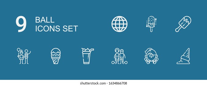 Editable 9 ball icons for web and mobile. Set of ball included icons line Ice cream, Fitness, Slavery, Balloon, Earth grid on blue background