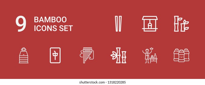 Editable 9 bamboo icons for web and mobile. Set of bamboo included icons line Acrylic, Spa, Bamboo, Panpipe, Mahjong, Sauna, Well, Chopsticks on red background