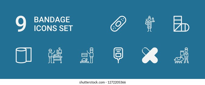 Editable 9 bandage icons for web and mobile. Set of bandage included icons line Veterinarian, Patch, Saline, Bandages, Sling, Plaster on blue background