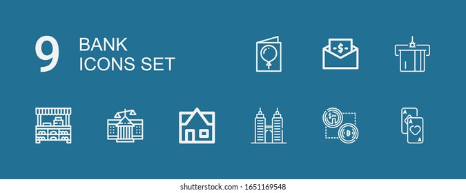 Editable 9 iconos bancarios para web y móvil. Conjunto de bancos incluidos iconos tarjetas de línea, Bitcoin, Edificio, Inmobiliario, Tribunal, Tienda, Atm, Bill, Tarjeta sobre fondo azul