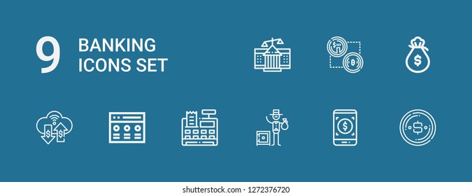 Editable 9 banking icons for web and mobile. Set of banking included icons line Dollar, Payment method, Banker, Cash register, Rate, Money, Money bag, Bitcoin on blue background