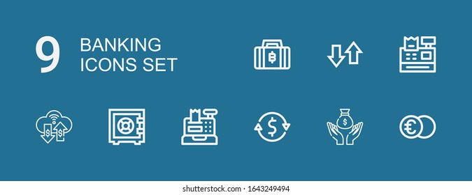 Editable 9 banking icons for web and mobile. Set of banking included icons line Euro, Money, Currency exchange, Cash register, Safebox, Transfer, Bitcoin on blue background