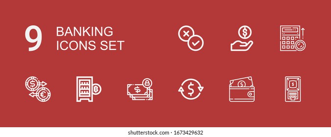 Editable 9 iconos bancarios para web y móvil. Conjunto de banca incluye iconos línea Atm, Cartera, Cambio de divisas, Dinero, Divisa Digital, Cambio, Presupuesto, Dólar en rojo fondo