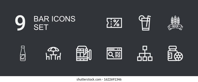 Editable 9 bar icons for web and mobile. Set of bar included icons line Bottles, Diagram, Browser, Beer, Chairs, Juice, Drink, Sale on dark background