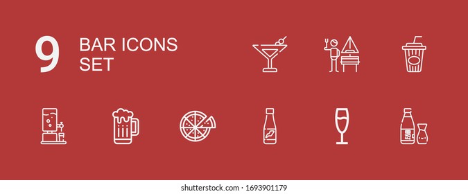 Iconos editables de 9 barras para web y móvil. Conjunto de bar con iconos línea Sake, Champagne, Drink, Pizza, Beer, Cola, German, Martini sobre fondo rojo