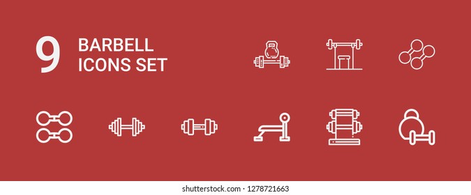 Editable 9 barbell icons for web and mobile. Set of barbell included icons line Weightlifting, Dumbbell, Bench press on red background