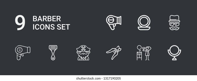 Editable 9 barber icons for web and mobile. Set of barber included icons line Mirror, Hair dryer, Shears, Beard, Razor, Hairdryer, Disguise on dark background