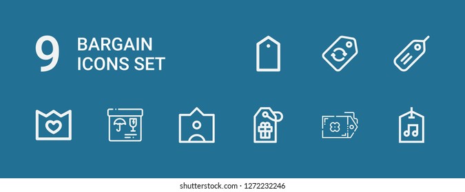 Editable 9 bargain icons for web and mobile. Set of bargain included icons line Label, Tag, Merchandise on blue background