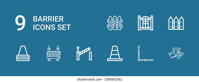 Editable 9 barrier icons for web and mobile. Set of barrier included icons line Cone, Fence, Barrier, Fences on blue background