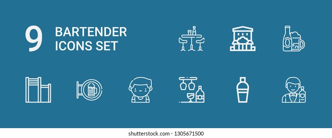 Editable 9 bartender icons for web and mobile. Set of bartender included icons line Barman, Shaker, Bar on blue background