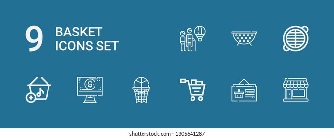Editable 9 basket icons for web and mobile. Set of basket included icons line Store, Online shop, Shopping cart, Basketball, Basket, Grate, Hot air balloon on blue background