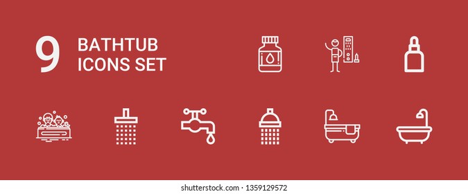 Editable 9 bathtub icons for web and mobile. Set of bathtub included icons line Bath, Bathtub, Shower, Water tap, Drops, Showers on red background