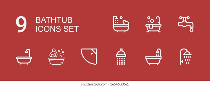 Editable 9 bathtub icons for web and mobile. Set of bathtub included icons line Shower, Bathtub, Bath, Water tap on red background