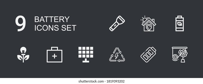 Editable 9 iconos de batería para web y móvil. Conjunto de batería incluida línea de iconos Mecánica, Batería, Energía, panel solar, kit de emergencia, energía verde, energía solar sobre fondo oscuro