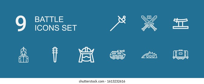 Editable 9 battle icons for web and mobile. Set of battle included icons line Tank, Knuckle, Samurai, Weapons, Knight, Katana, Swords, Sword on blue background