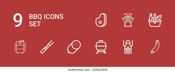Editable 9 bbq icons for web and mobile. Set of bbq included icons line Sausage, Apron, Bbq, Meat, Barbecue, Picnic on red background