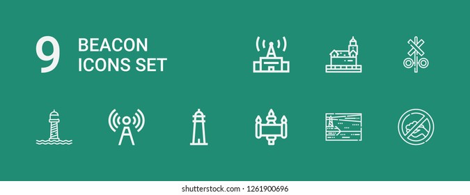 Editable 9 beacon icons for web and mobile. Set of beacon included icons line Signal, Lighthouse on green background