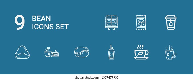 Editable 9 bean icons for web and mobile. Set of bean included icons line Tea, Coffee, Coffee bean, bag, Seed, Tofu on blue background