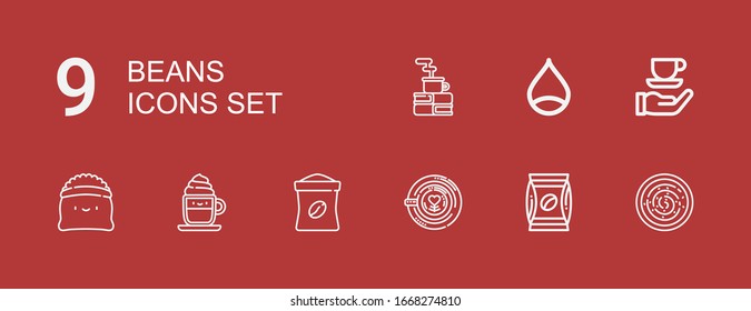 Editable 9 beans icons for web and mobile. Set of beans included icons line Hummus, Coffee, Latte, Coffee bag, Cappuccino, Chestnut on red background