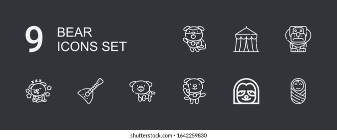 Editable 9 bear icons for web and mobile. Set of bear included icons line Baby, Sloth, Dog, Balalaika, Circus on dark background