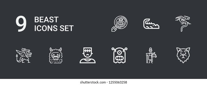 Editable 9 beast icons for web and mobile. Set of beast included icons line Wolf, Mythology, Monster, Dragon, Crocodile, Cryptozoology on dark background