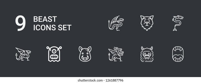 Editable 9 beast icons for web and mobile. Set of beast included icons line Fangs, Monster, Dragon, Boar, Wolf on dark background