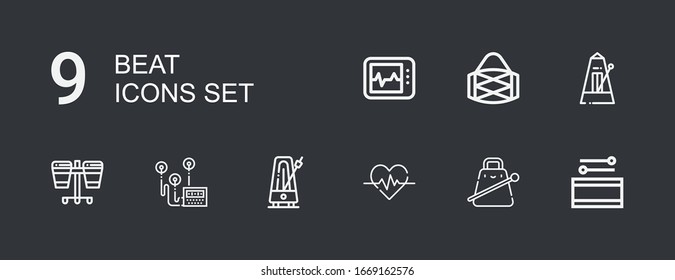 Editable 9 beat icons for web and mobile. Set of beat included icons line Drum, Cowbell, Heartbeat, Metronome, Heart rate, Electrocardiogram on dark background