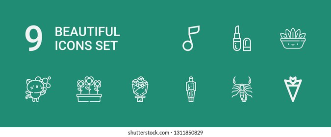 Editable 9 beautiful icons for web and mobile. Set of beautiful included icons line Bouquet, Scorpion, Dress, Flowers, Kitty, Fern, Lipstick, Musical note on green background