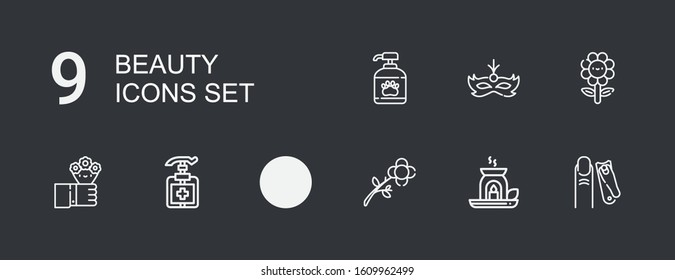Editable 9 beauty icons for web and mobile. Set of beauty included icons line Nail clippers, Essential oil, Flower, Eco oil, Antiseptic, Flowers, Mask, Shampoo on dark background